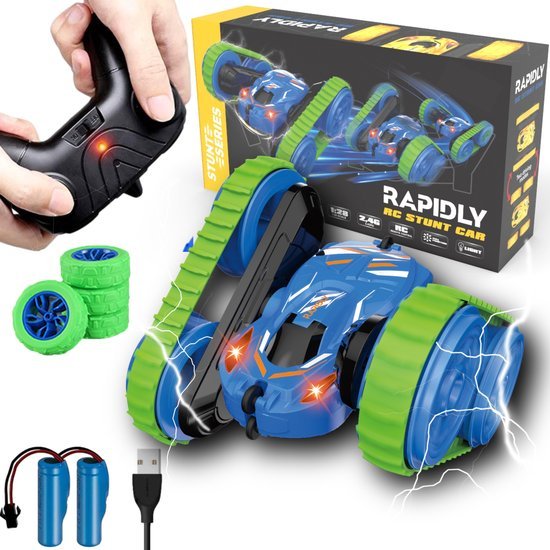 Kids RC Stunt Car Toy 2.4GHz, 2-in-1 Track & Wheel, 4WD Double-Sided 360° Flip Car Age 3+