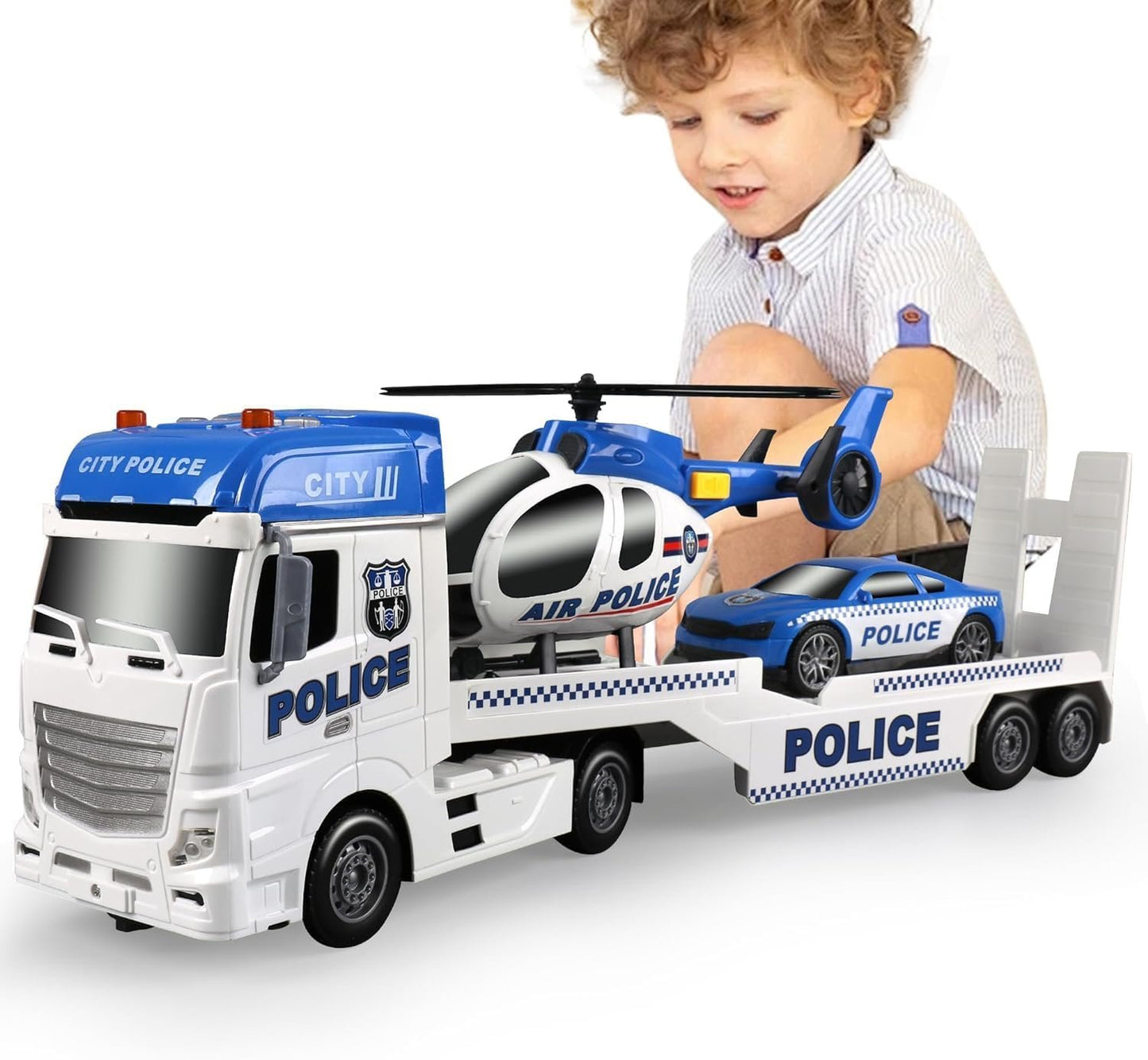 Large Multi-Functional Police Truck Toy Set with Helicopter and Racing Car Lights Sounds 3+