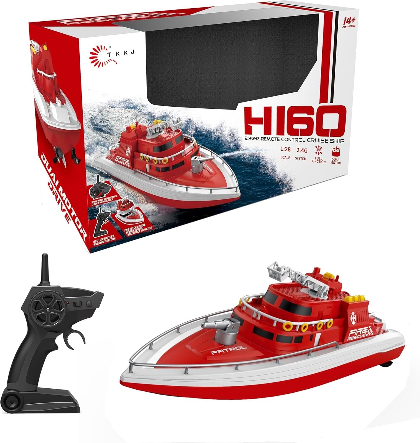 Ssccgym RC Fireboat Kids Toy (1:28 Scale) – 4-Channel Remote Control Rescue Boat, Water Spray Function, 15km/h, Age 14+