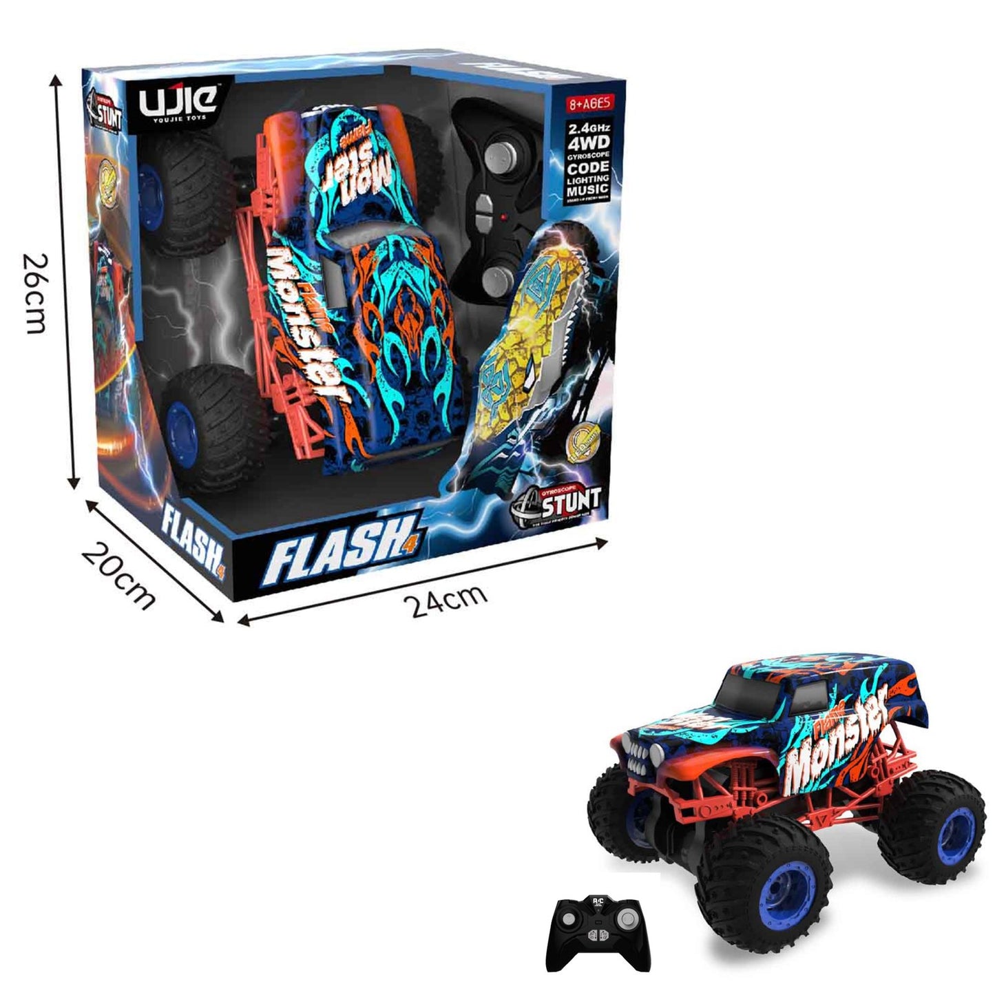 RC 2.4GHz 1:16 Scale 4WD Stunt Monster Car with Gyroscope, Light & Music for Kids 8+