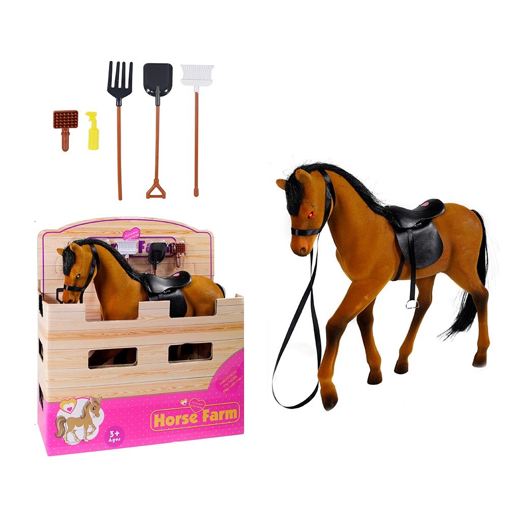Horse Farm Toy Playset Brown Flocked Horse with Saddle Lights Music and Farm Accessories 3+