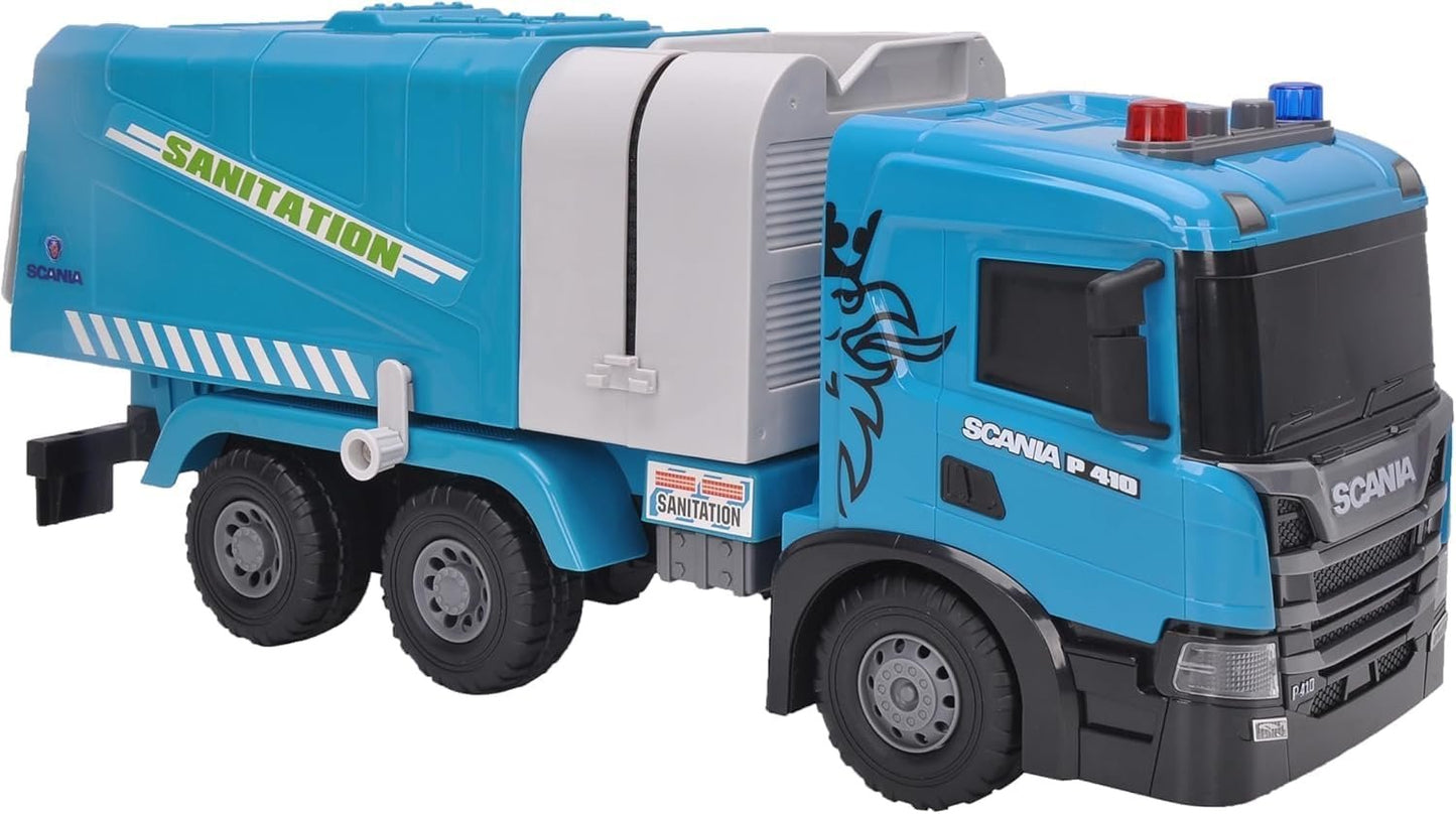 Scania Friction Powered Sanitation Truck Toy, Blue Push & Go Garbage Truck with Liftable Front End & Dumping Function, 19.7 Inch, Ages 3+