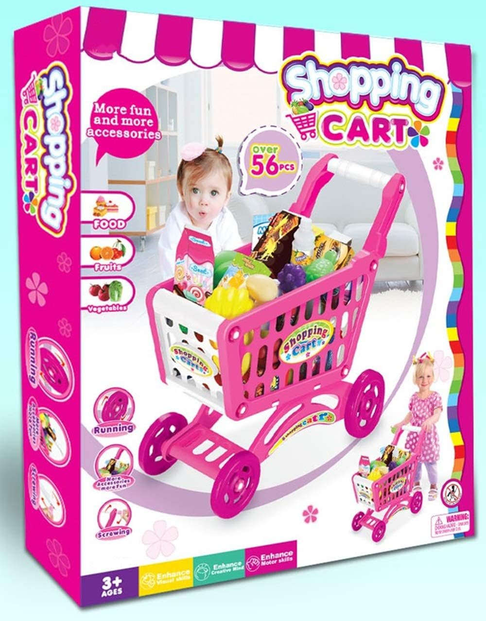 Kids Pretend Play Shopping Cart Toy Set with 56 Food Accessories Age 3+