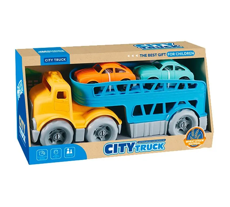 Rollup Kids Car Carrier Truck Set – 2-Level Trailer with Working Ramps & 2 Mini Cars – Recyclable – Ages 3+