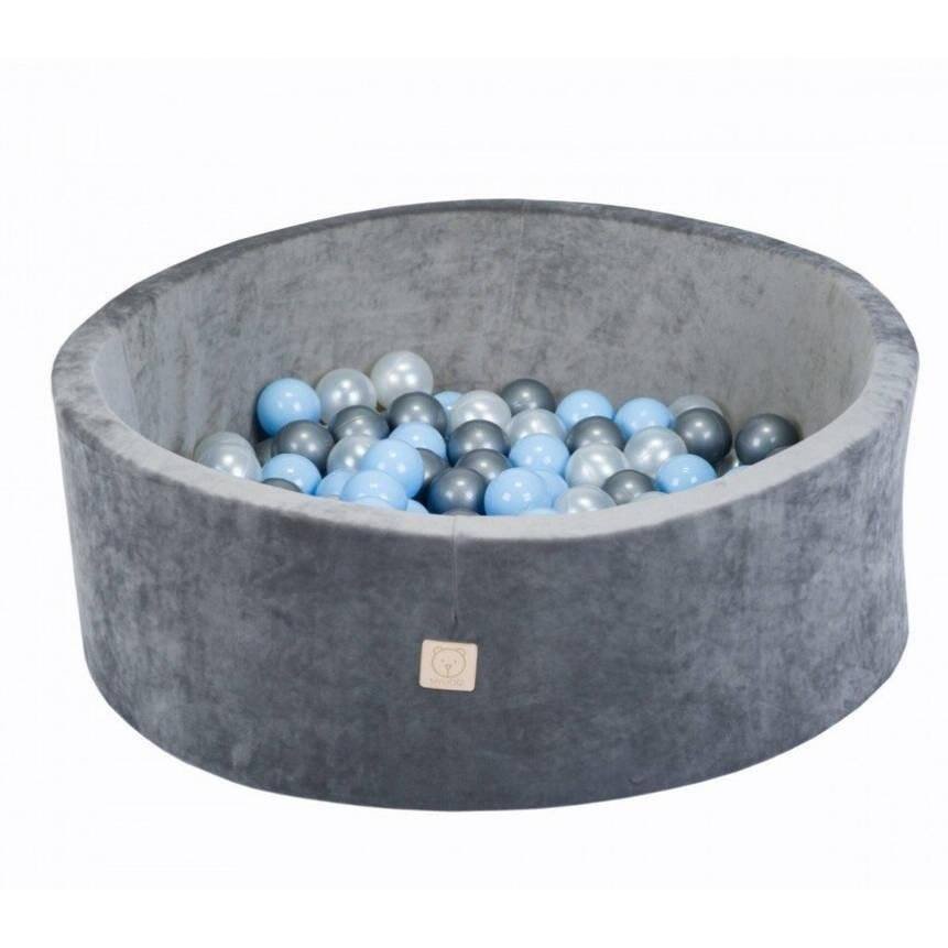 Misioo Ball Pool Round 90x30 Grey Velvet with 200 Balls Blue/Silver/Pearl