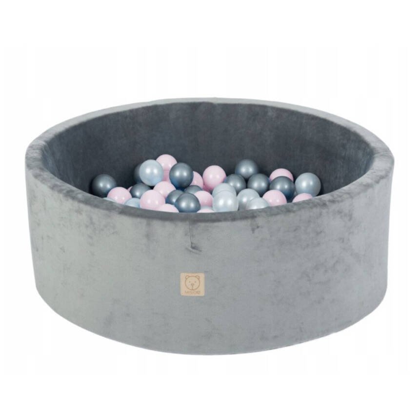Misioo Ball Pool Round 90 x 30 Grey Velvet with 200 Balls Pink/Silver/Pearl