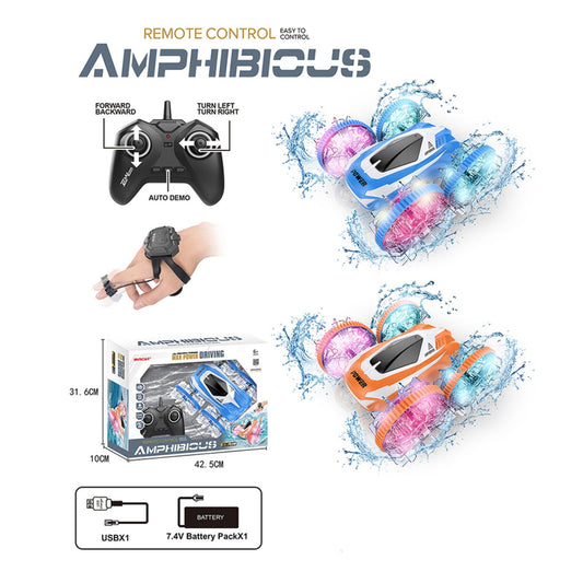 Amphibious RC 4WD Stunt Car with Gesture Control Watch, LED Lights & Rechargeable Battery