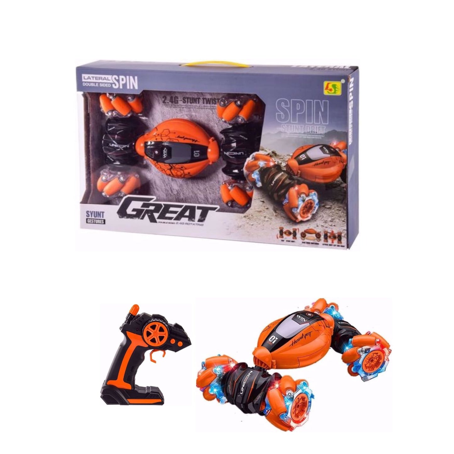 Great Double-Sided RC Stunt Car with LED Lights Music 360° Spins Gesture & Remote Control 6+