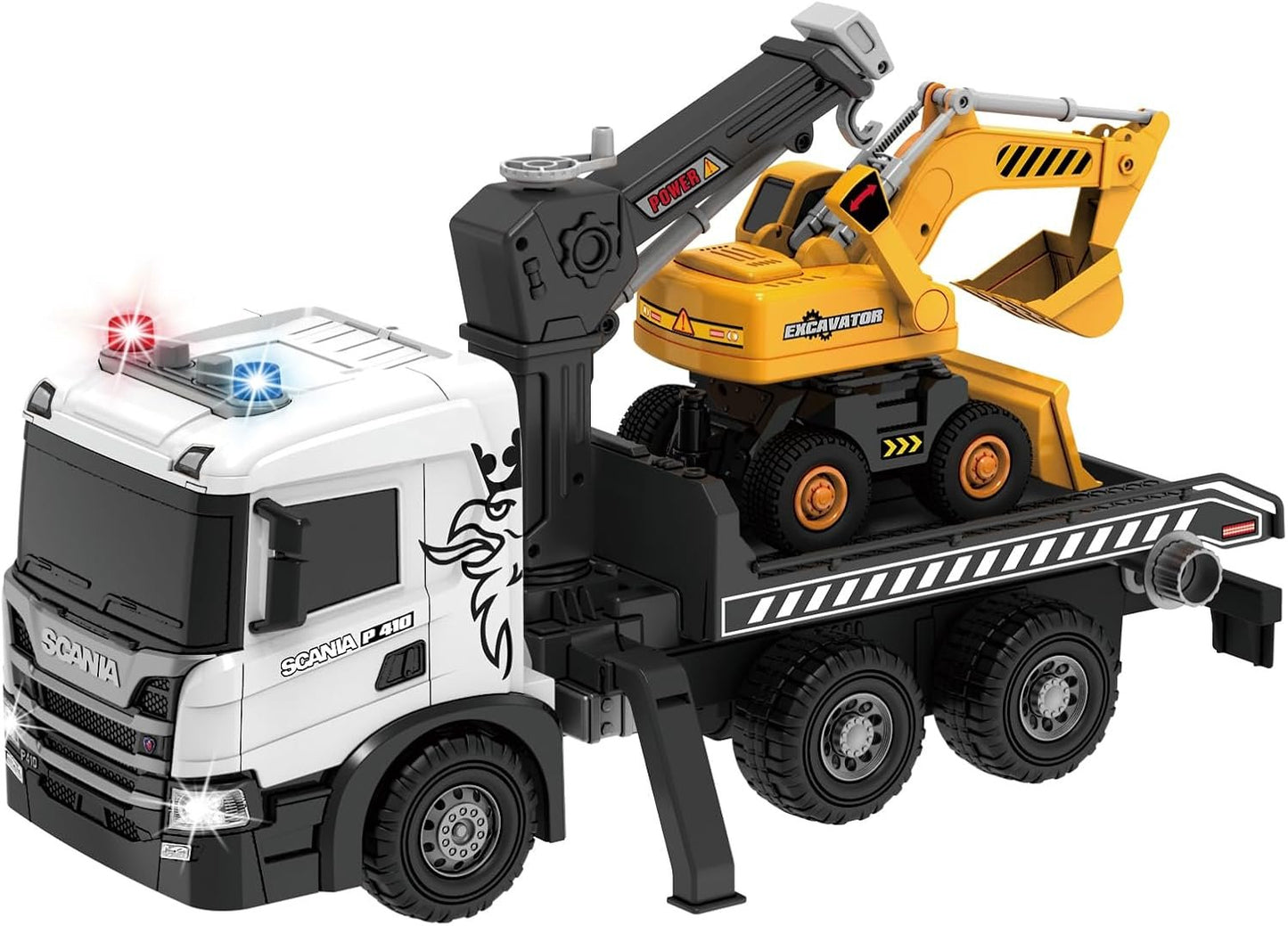 Scania Licensed 2-in-1 Friction-Powered Construction vehicle wih lights & sounds – Tow Truck & Mini Excavator for Kids 3+