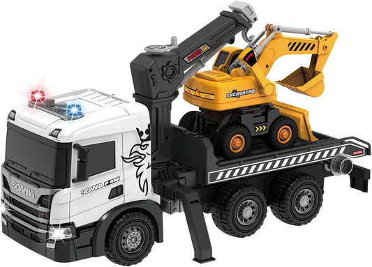 Scania Licensed 2-in-1 Friction-Powered Construction vehicle wih lights & sounds – Tow Truck & Mini Excavator for Kids 3+