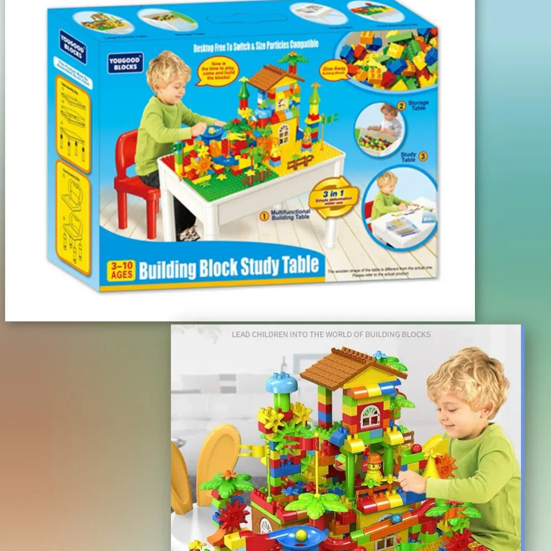 3-in-1 Multifunctional Building Block Study Table Set with Storage for Kids