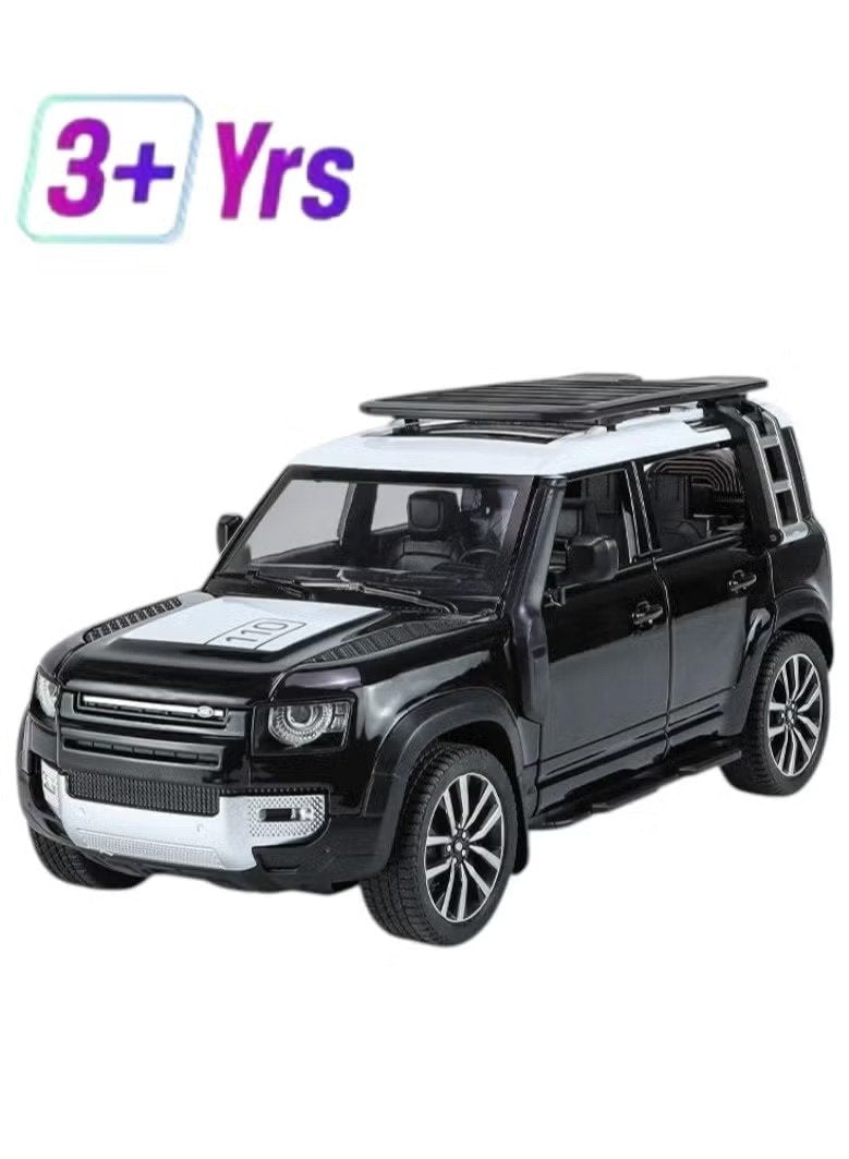Officially Licensed Land Rover Defender 110 Die-Cast Car 1:24 Scale Pull Back & Go, Lights & Sound, Explorer Pack Age 3+