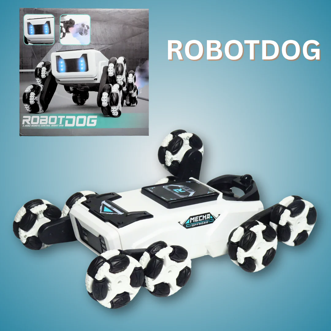 RobotDog RC Stunt Car – 360° Mecanum Wheels, Flips, Spins, Lights & Sounds – Interactive Play – Ages 6+