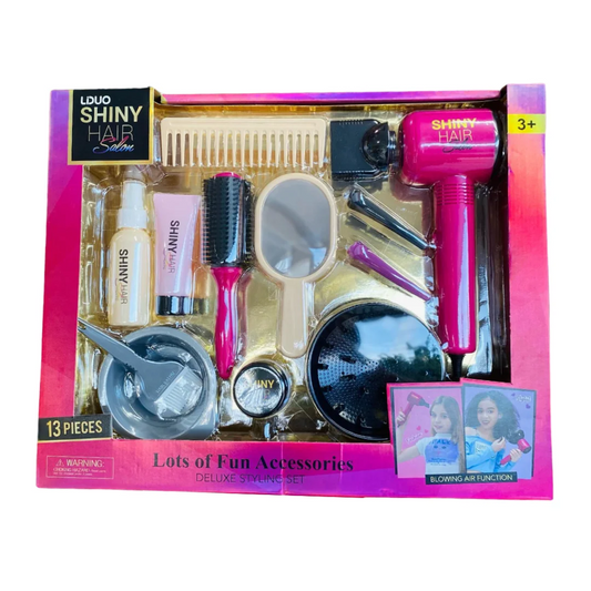 Shiny Hair Salon Deluxe 13-Piece Kids Styling Set with Hairdryer for Ages 3+