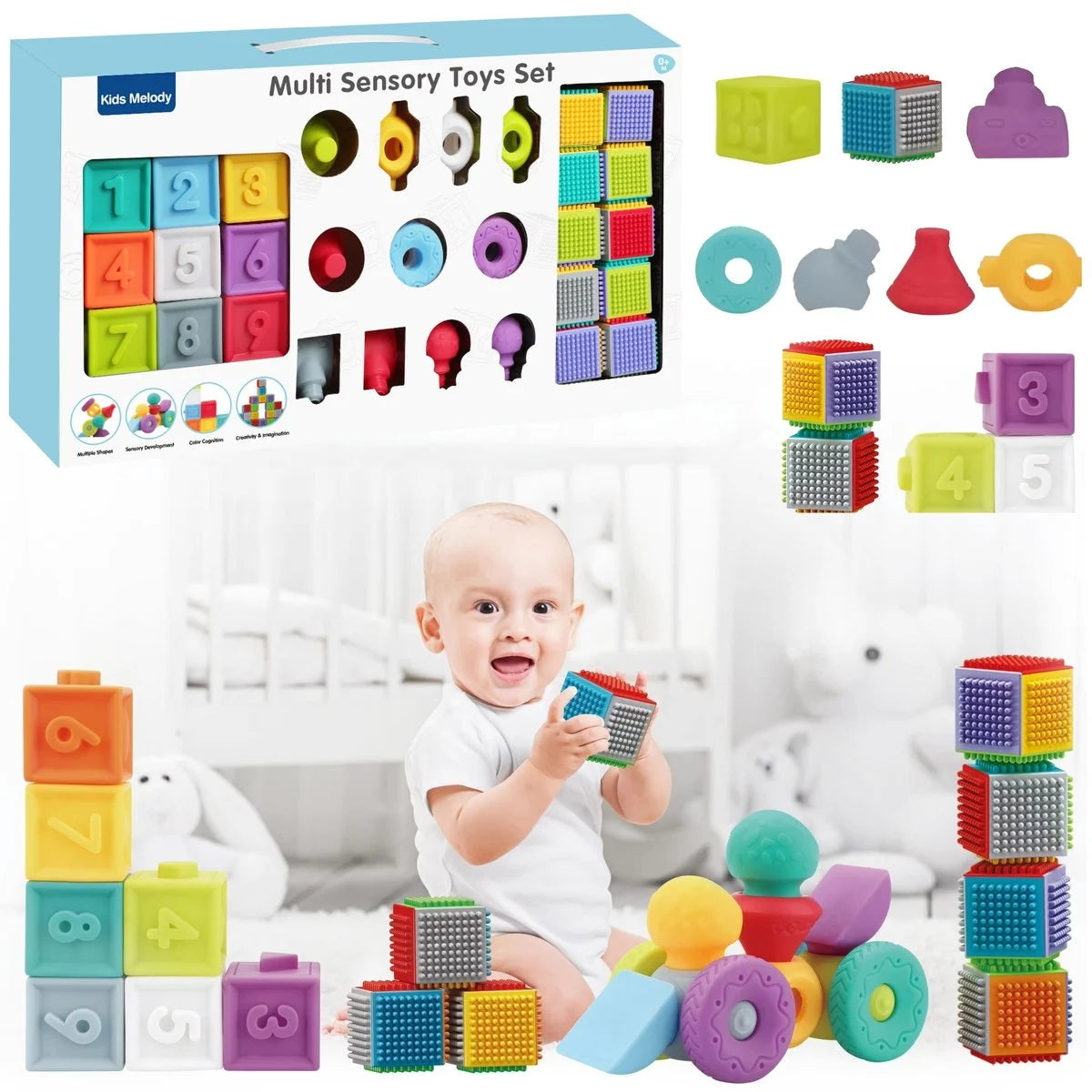 Multi Sensory Soft Building Blocks Baby Toy Set Safe Stacking Shapes For Development